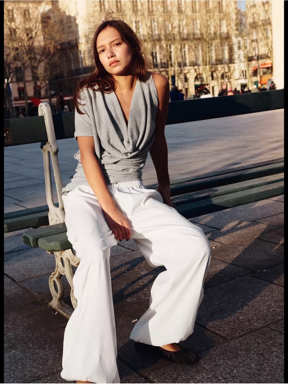 Zara Asymmetric Light Gray Draped Sleeve Top